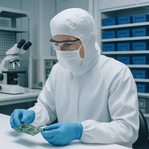Technician in a cleanroom suit handling a drive circuit board