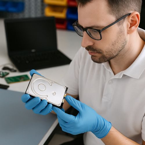 Engineer inspecting a hard drive from an affected server